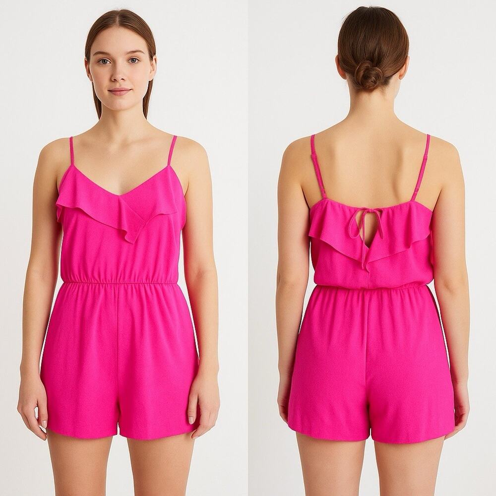 💖 American Eagle Hot Pink Ruffle Romper Medium Adjustable Straps Small Flaw